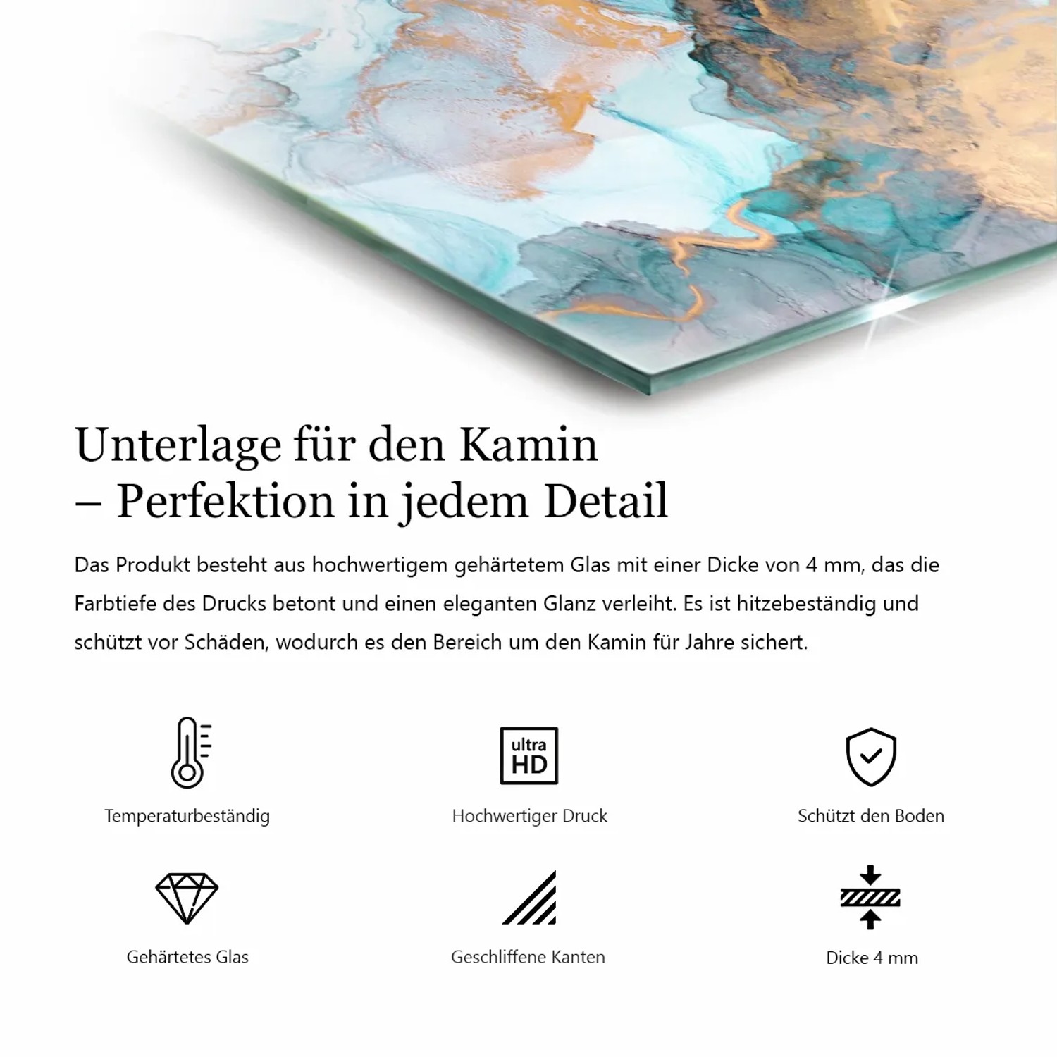 Halbkreisförmige Tulup Glasplatte mit beigem Steinmuster, polierten Kanten und 4mm Dicke als Bodenschutz für Kaminöfen.