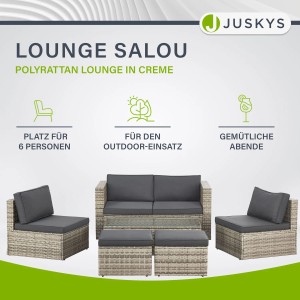 Graue Juskys Polyrattan Lounge Salou Gartenmöbel mit Tisch, Sesseln und Hockern.