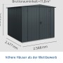 Ecostar Gerätehaus Trend, anthrazitgrau, mit Satteldach und Doppeltür, Maße eingezeichnet.