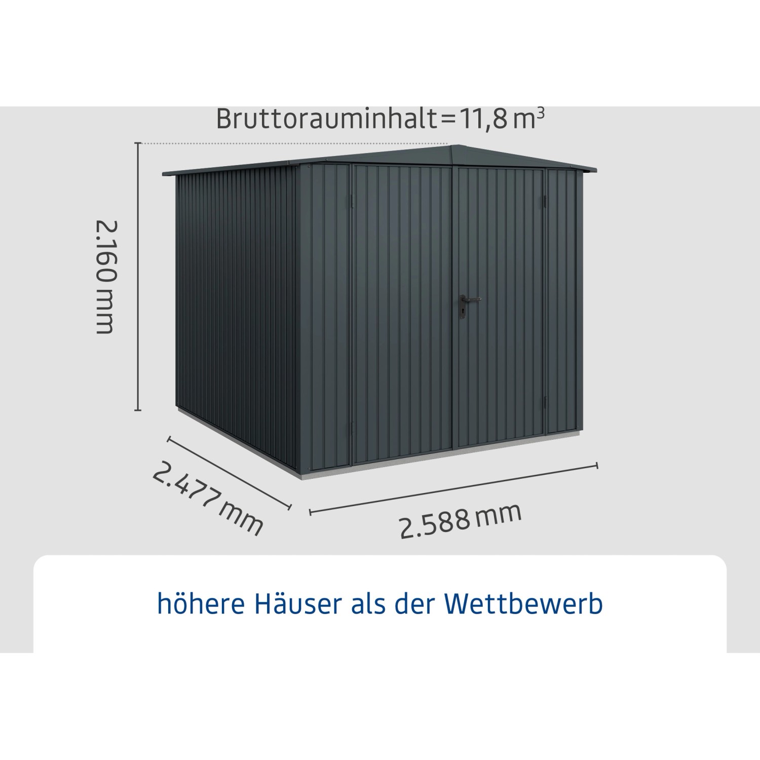Ecostar Gerätehaus Trend, anthrazitgrau, mit Satteldach und Doppeltür, Maße eingezeichnet.