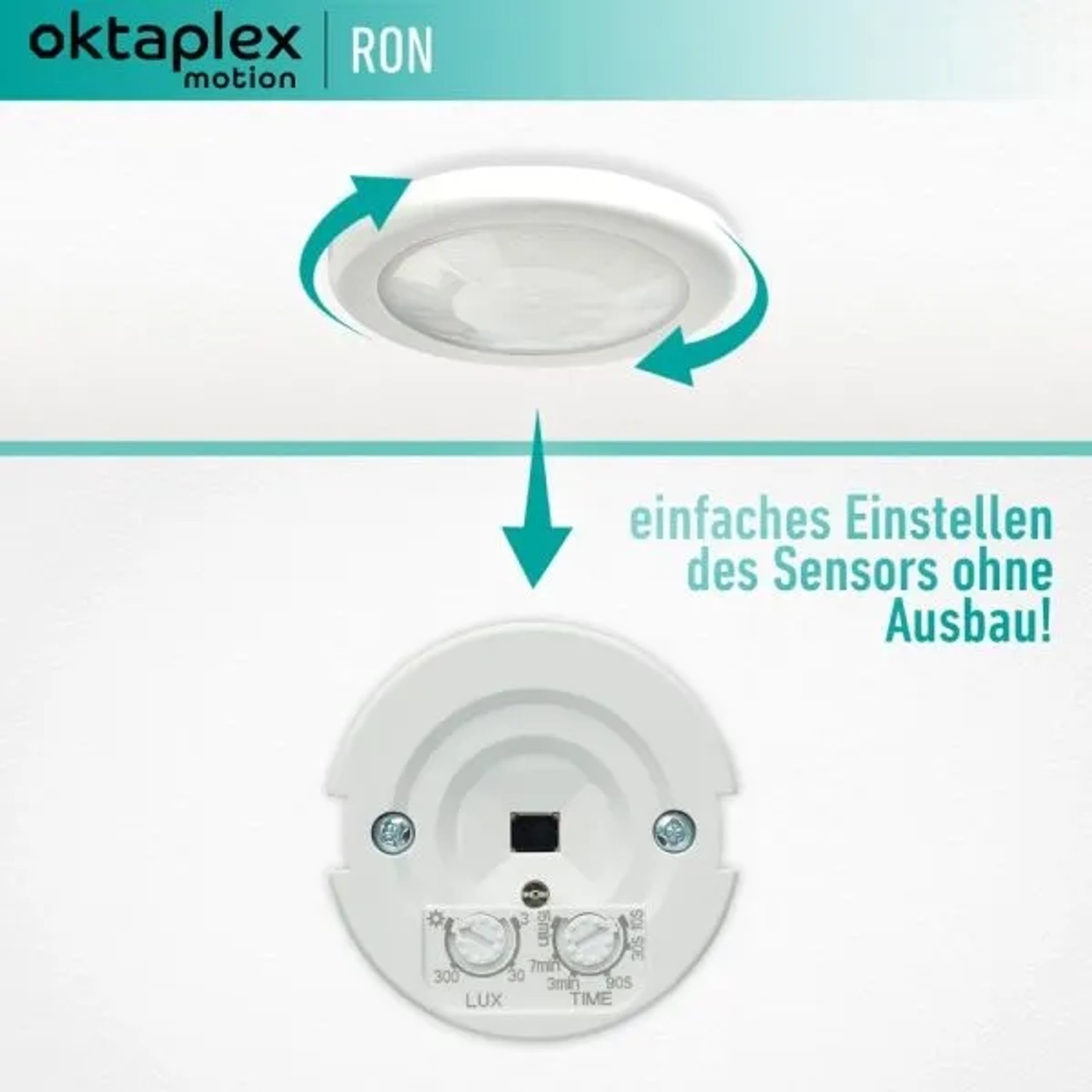 Oktaplex Ron Bewegungsmelder: Decken-PIR-Sensor mit 360° Erfassung und Einstellmöglichkeiten.