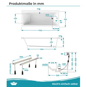 Technische Zeichnung Calmwaters Rechteckwanne 170x75 cm mit Maßen, Wannenfuß und Ablaufgarnitur.