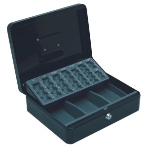 Offene, schwarze Basi Euro Geldkassette EGK 100 mit Münzbrett und Geldscheinfächern.