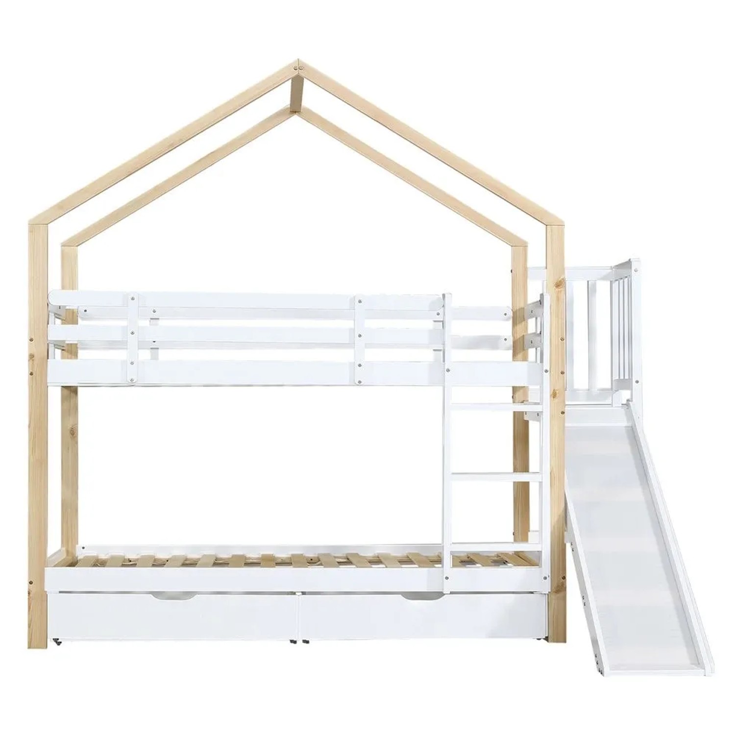 KOMHTOM Etagenbett 90x200Cm  Hausbett Mit Rutsche  Leiter  Sicherheitsgeländer Und 2 Schubladen  Kiefernholz+Mdf  Weiß+Natur Matratze Nicht Enthalten