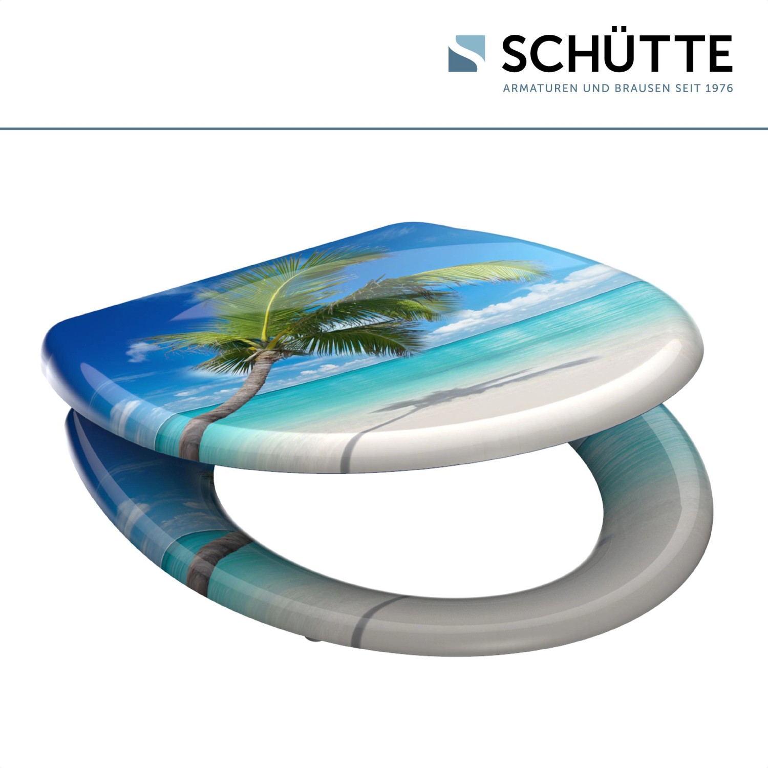 Schütte WC-Sitz Carribean mit Strandmotiv, Absenkautomatik und Schnellverschluss.