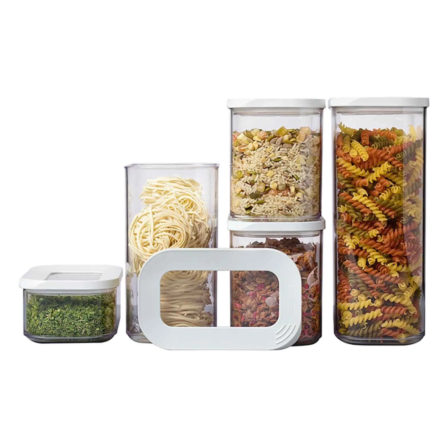 Mepal Modula Vorratsdosen-Set, 5-teilig, weiße Deckel, gefüllt mit Pasta, Reis und Kräutern.
