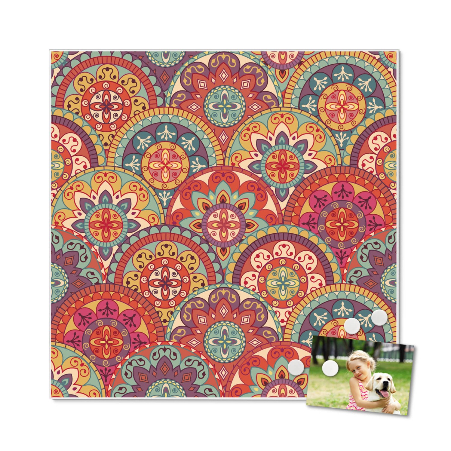 Weiße Magnettafel 50x50cm mit Rosetten-Muster, inklusive Magnete. Wanddekoration für Notizen und Fotos.