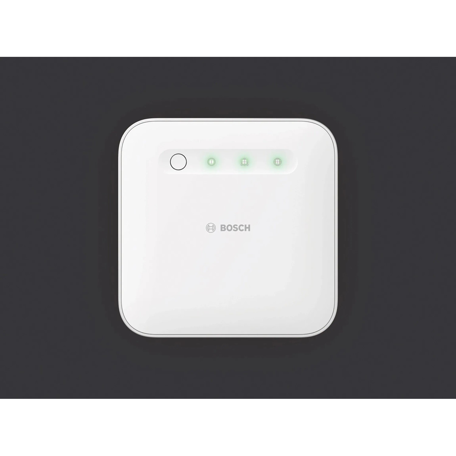 Weißer Bosch Smart Home Controller II zur Hausfunksteuerung mit grünen LEDs.