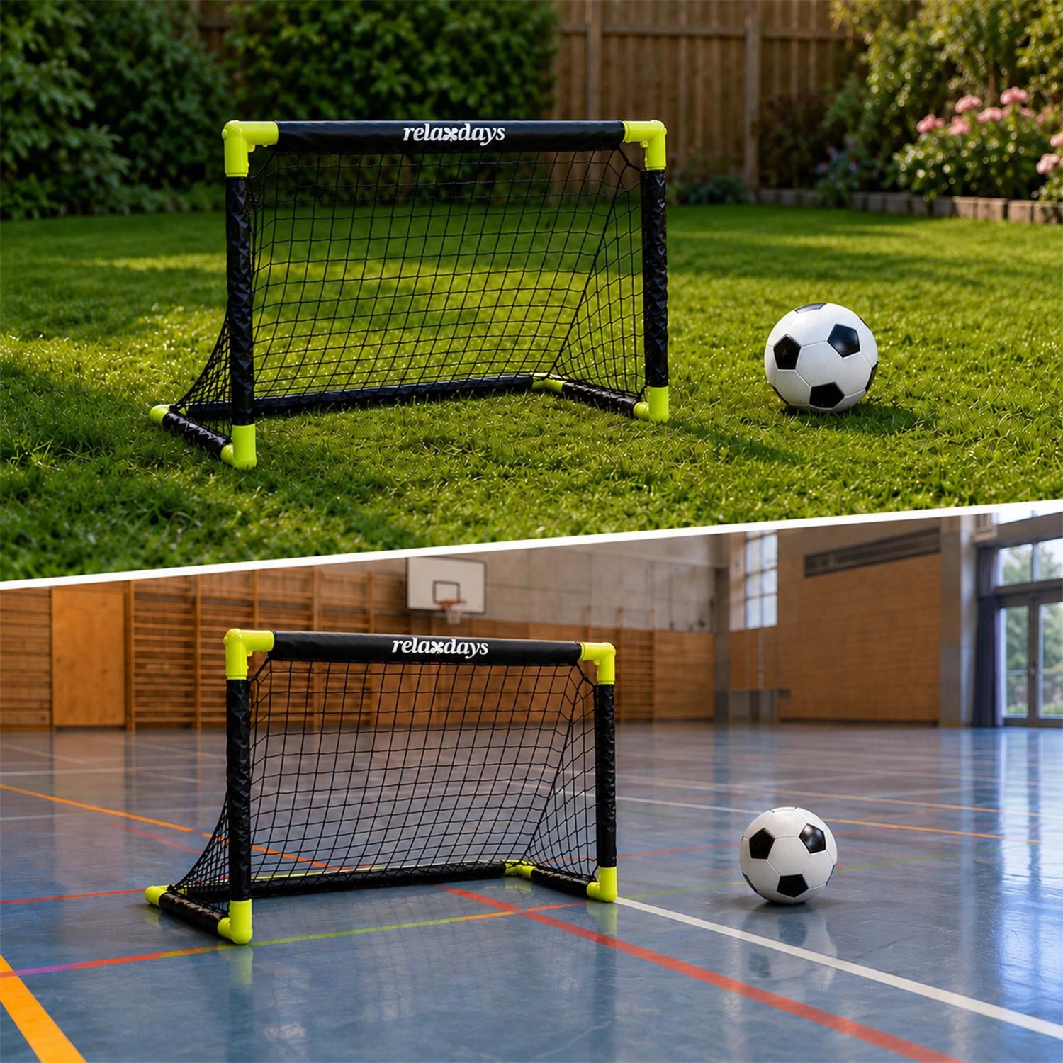 Relaxdays faltbares Fußballtor schwarz-gelb aus PVC/Polyester mit Ball auf Rasen und in Sporthalle für Spiel & Spaß.