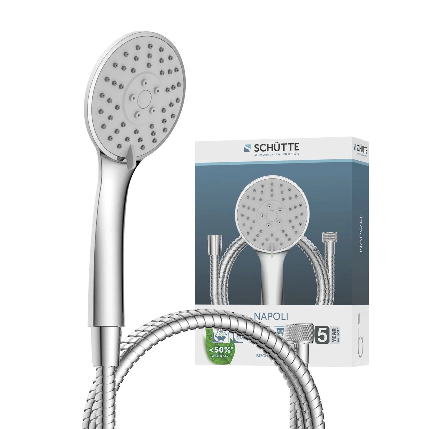 Schütte Handbrause-Set Napoli Chrom mit Brauseschlauch und Wasserstopp-Funktion.