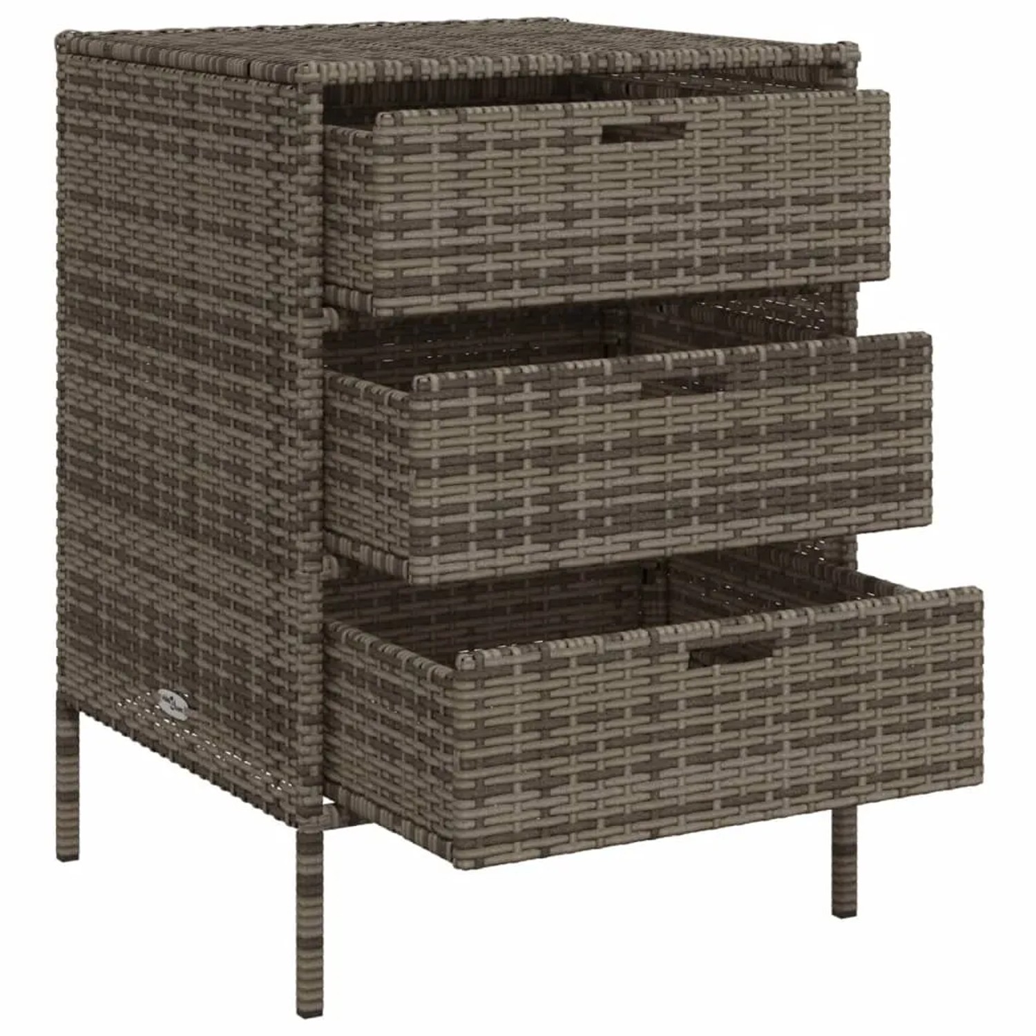 Grauer VidaXL Gartenschrank aus Poly Rattan mit 3 Schubladen, ideal zur Aufbewahrung im Garten.