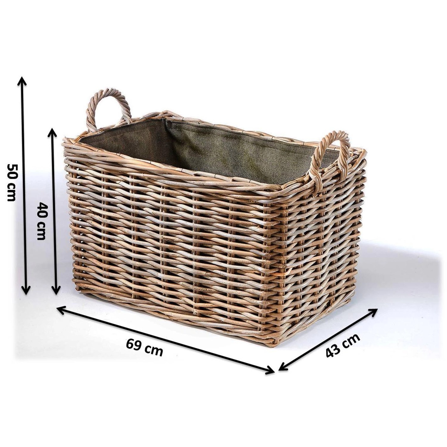 Rechteckiger, grauer Kobolo Holzkorb aus Rattan mit Stoffeinsatz und Tragegriffen.