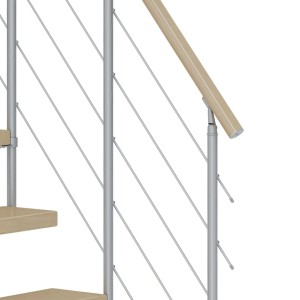 Detailansicht der Dolle Mittelholmtreppe Dublin: Ahornstufen, perlgraues Geländer mit Edelstahlstäben.
