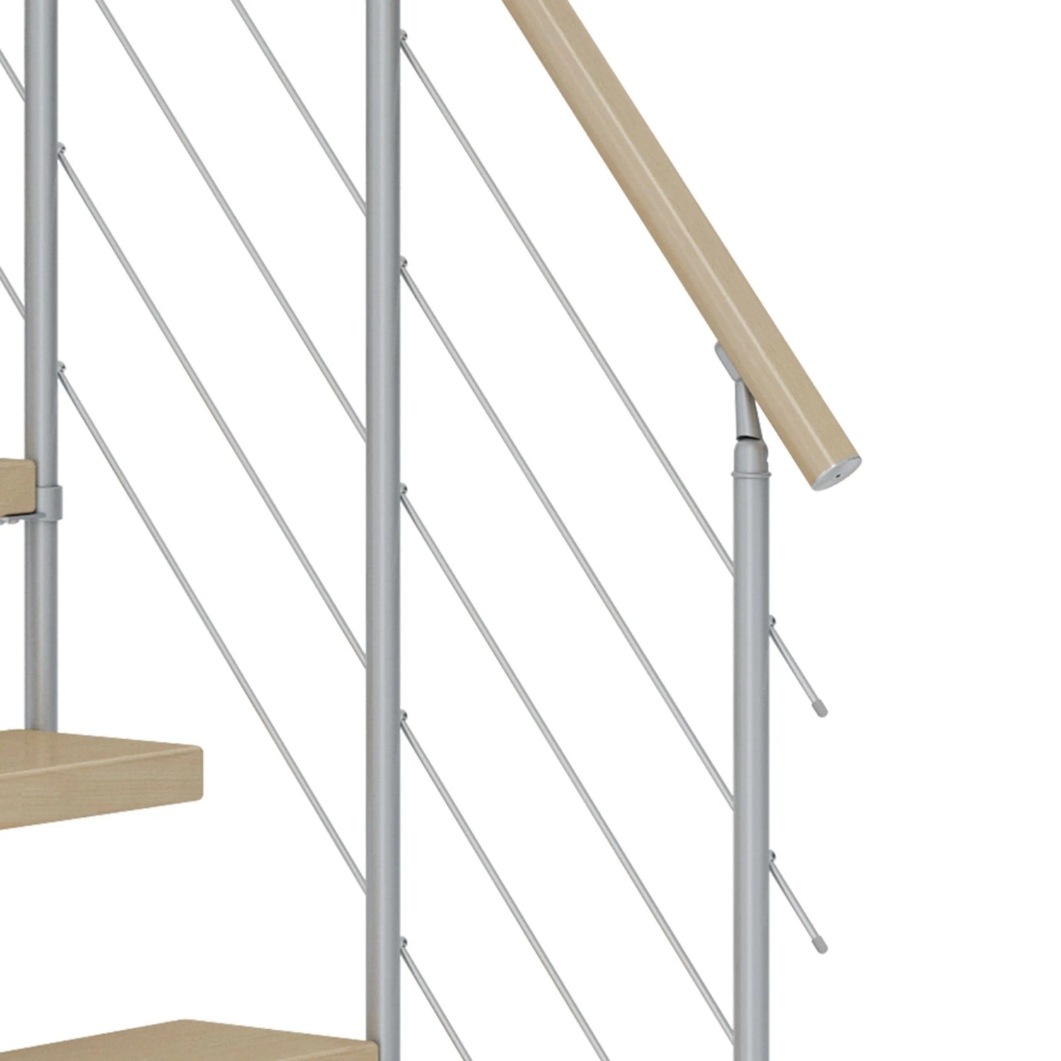Detailansicht der Dolle Mittelholmtreppe Dublin: Ahornstufen, perlgraues Geländer mit Edelstahlstäben.