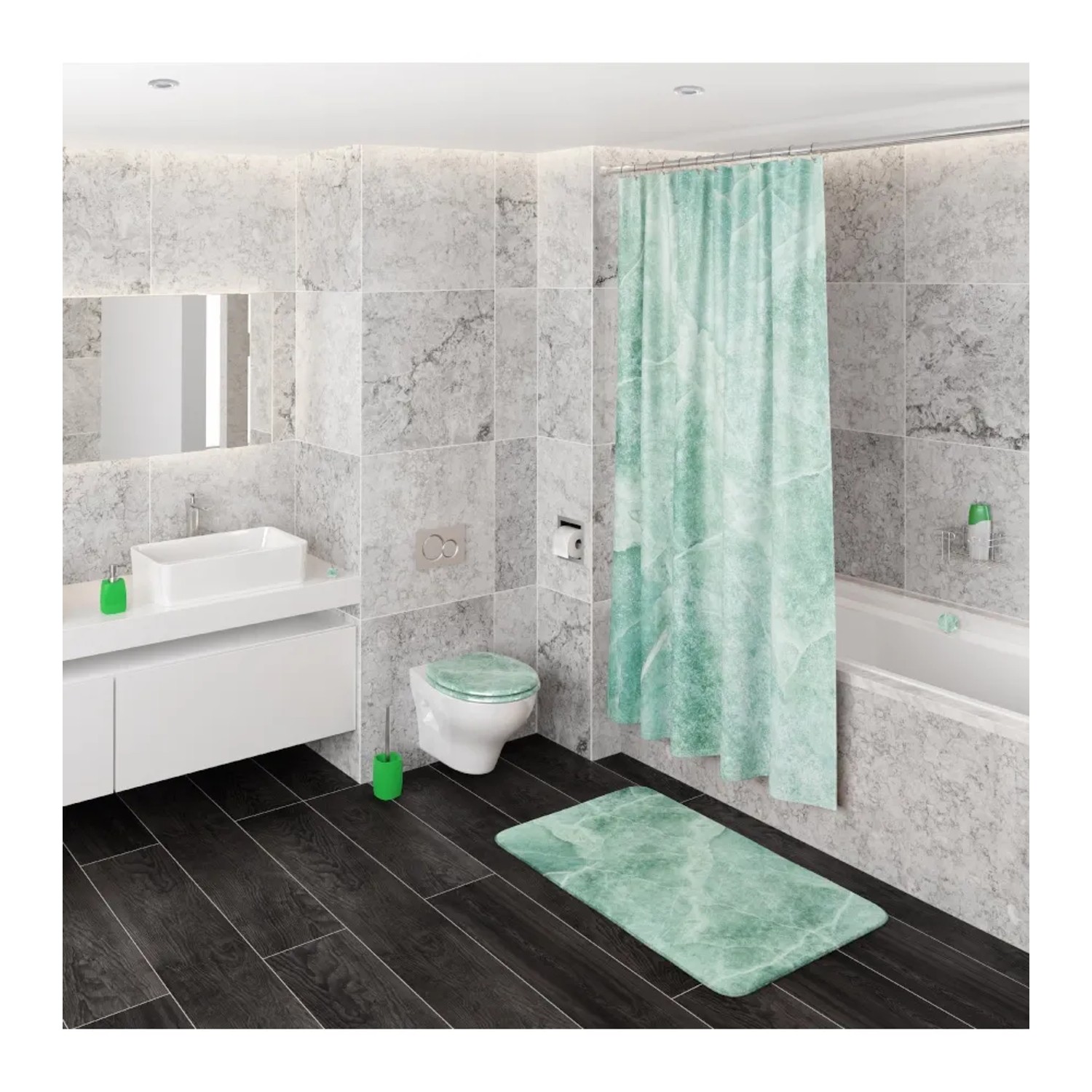 Badezimmer mit Sanilo WC-Sitz Marmor Grün, passendem Duschvorhang und Badteppich.
