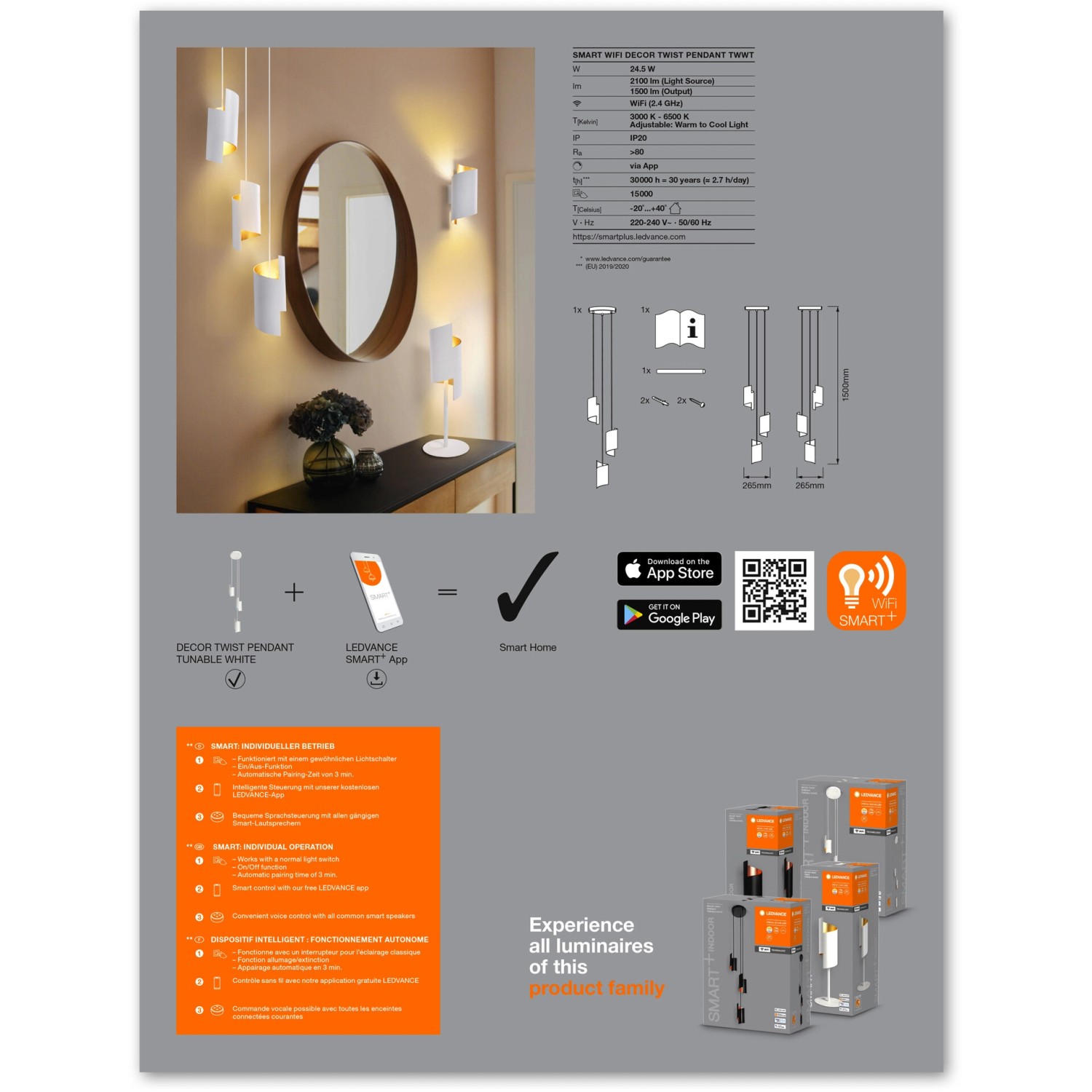 Produktbild der Ledvance Smart+ WiFi Pendelleuchte Decor Twist Weiß 150 cm in Wohnraumumgebung.