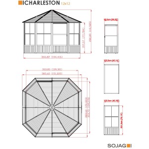 Technische Zeichnung Sojag Pavillon Charleston 384x384 cm mit Maßangaben.