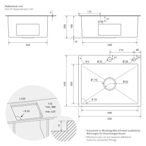 Technische Zeichnung: ML-Design Spülbecken Edelstahl, 55x45 cm, anthrazit, rechteckig, 1 Becken mit Siphon.