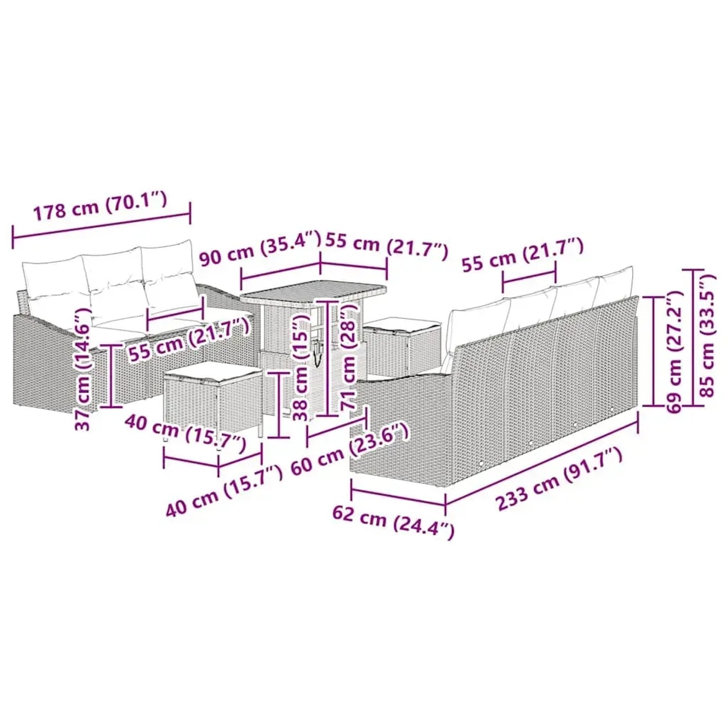 vidaXL Gartenmöbel-Set, 10-teilig, beige Poly Rattan, mit Maßen der Einzelteile.