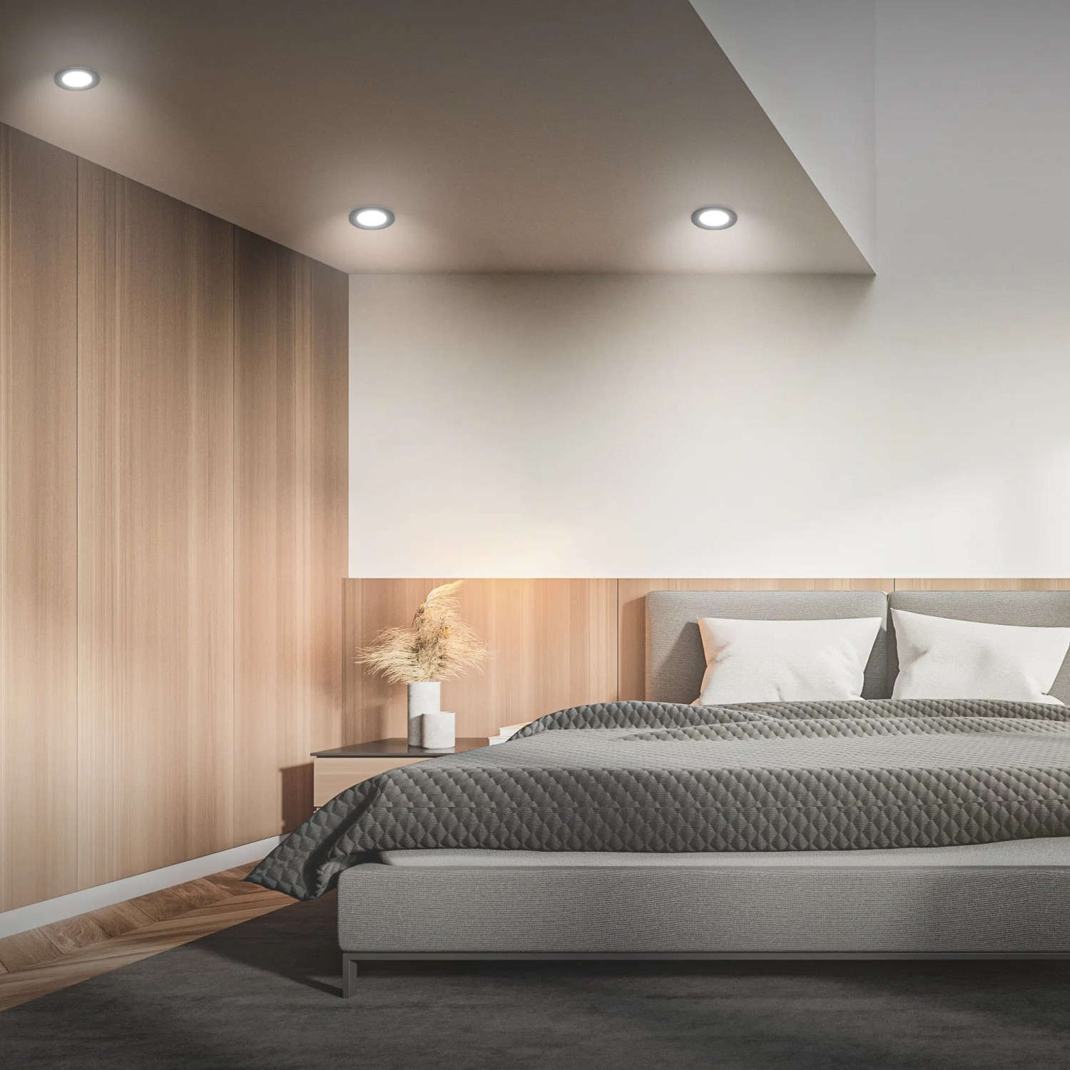 3er Set Briloner LED Einbaustrahler, flache, schwarze Leuchten mit neutralweißem Licht in modernem Schlafzimmer.