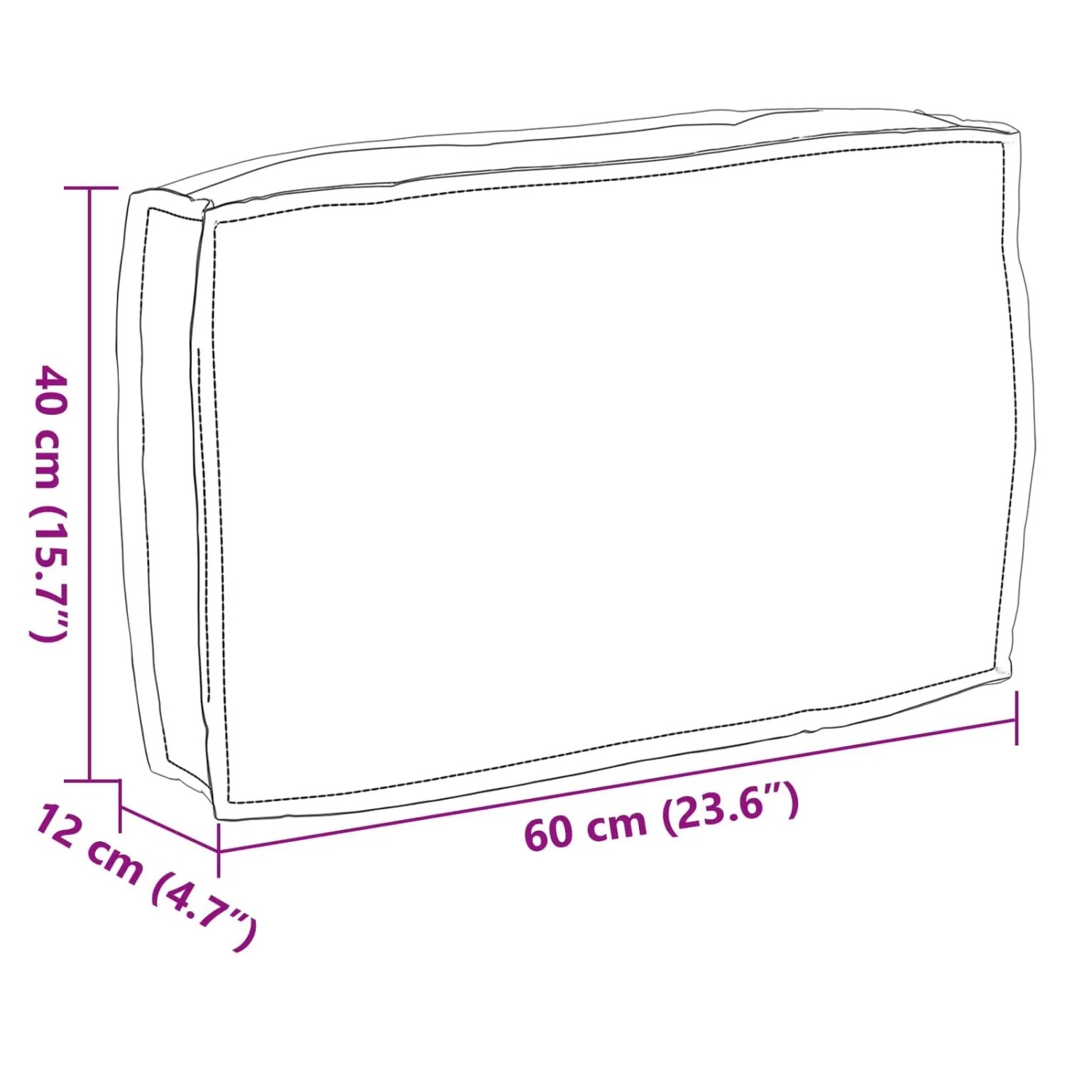Maßzeichnung des vidaXL Kissens Creme 60x40x12 cm. Rechteckige Form, Oxford-Stoff.