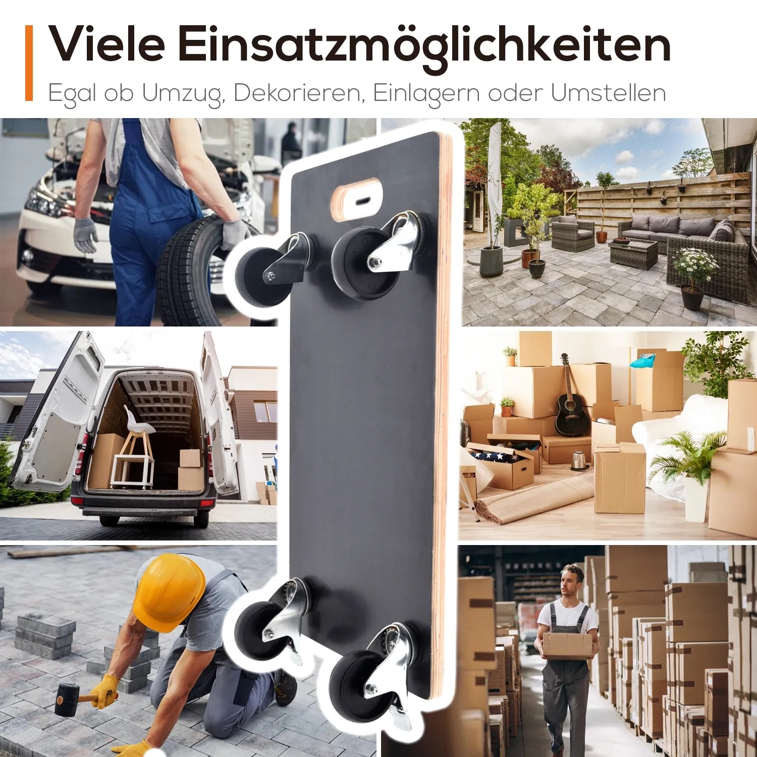 Tronitechnik Rollbrett mit Anwendungsbeispielen: Umzug, Werkstatt, Garten, Lager. Möbelroller mit 400 kg Traglast.