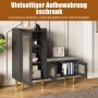 Schwarze Schuhkommode mit Sitzbank, Glastüren, offenen Fächern und goldenen Beinen. Moderner Schuhschrank für Flur.