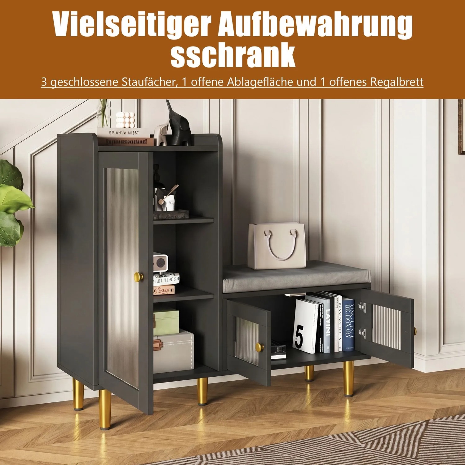 Schwarze Schuhkommode mit Sitzbank, Glastüren, offenen Fächern und goldenen Beinen. Moderner Schuhschrank für Flur.