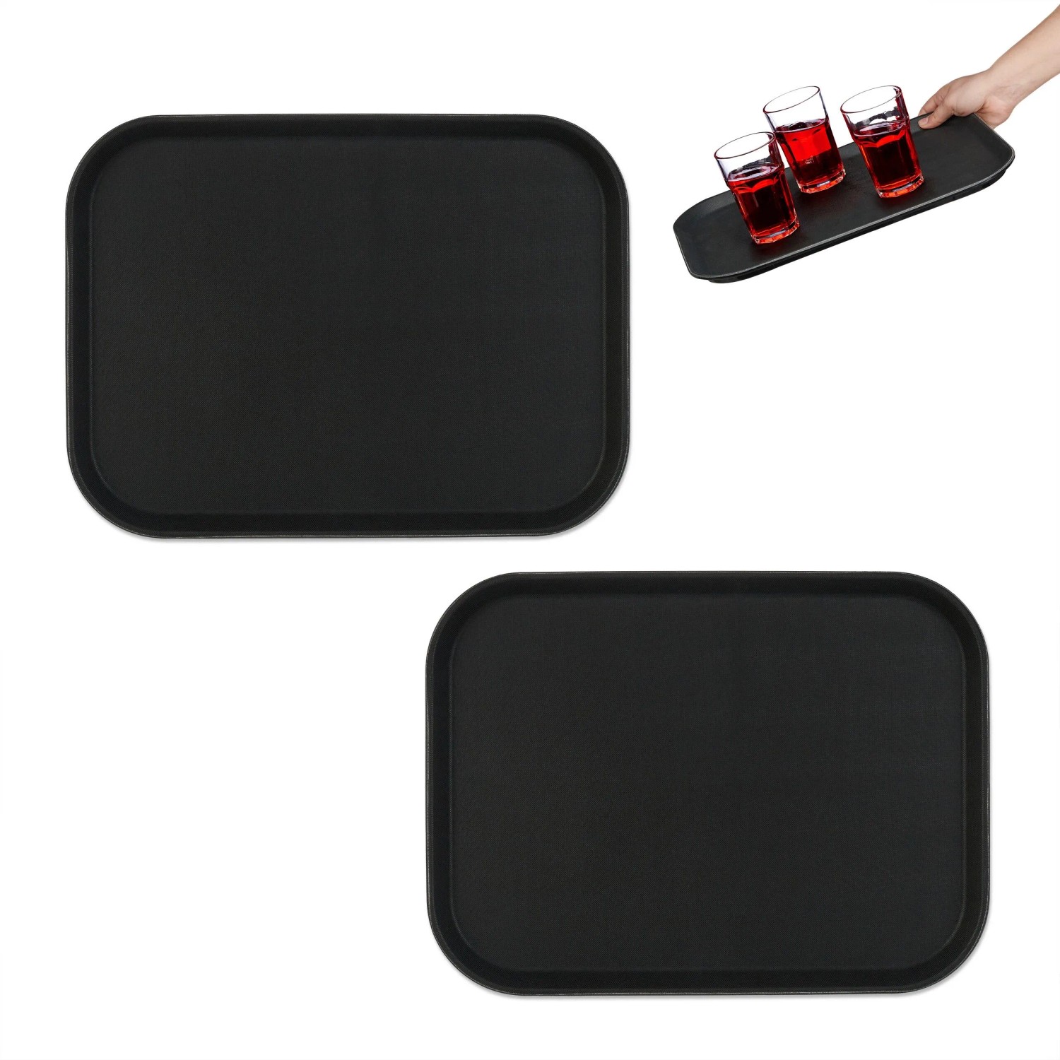 Relaxdays Serviertablett 2er Set Kunststoff Gummi Schwarz Rutschfest 41 cm x 30 cm x 2 cm