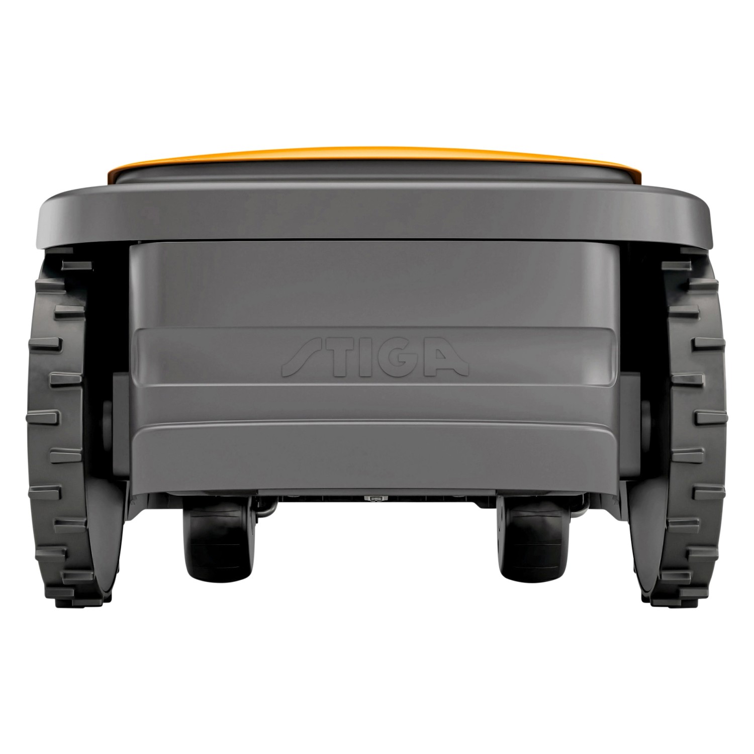 Stiga Mähroboter G 300, Rückansicht mit Rädern und Stiga Logo.