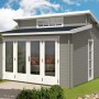 Modernes, hellgraues Alpholz Gartenhaus Lausitz-40 ISO mit Pultdach und großer Fensterfront.