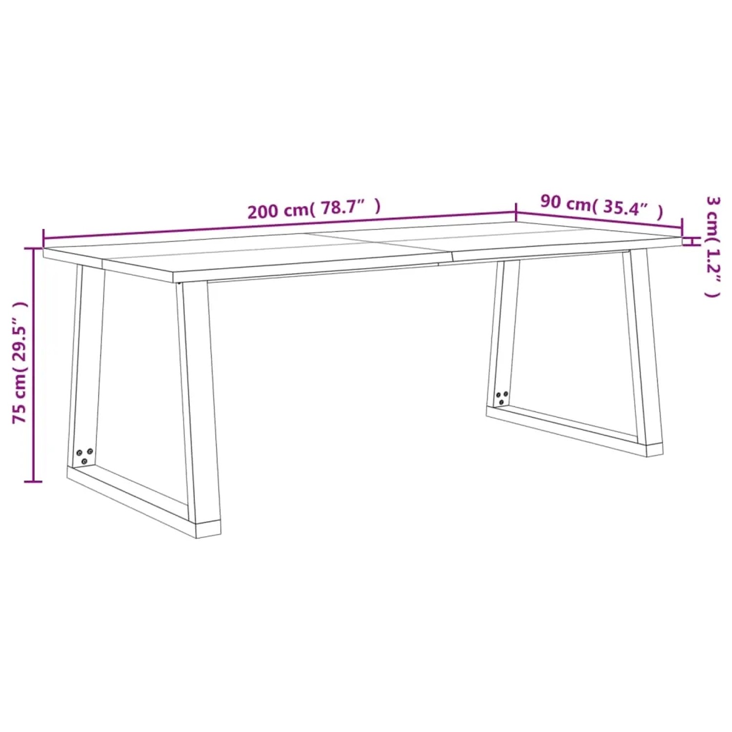 Skizze Esstisch Baumkante, 200x90 cm, Akazie Massivholz mit U-förmigen Beinen.