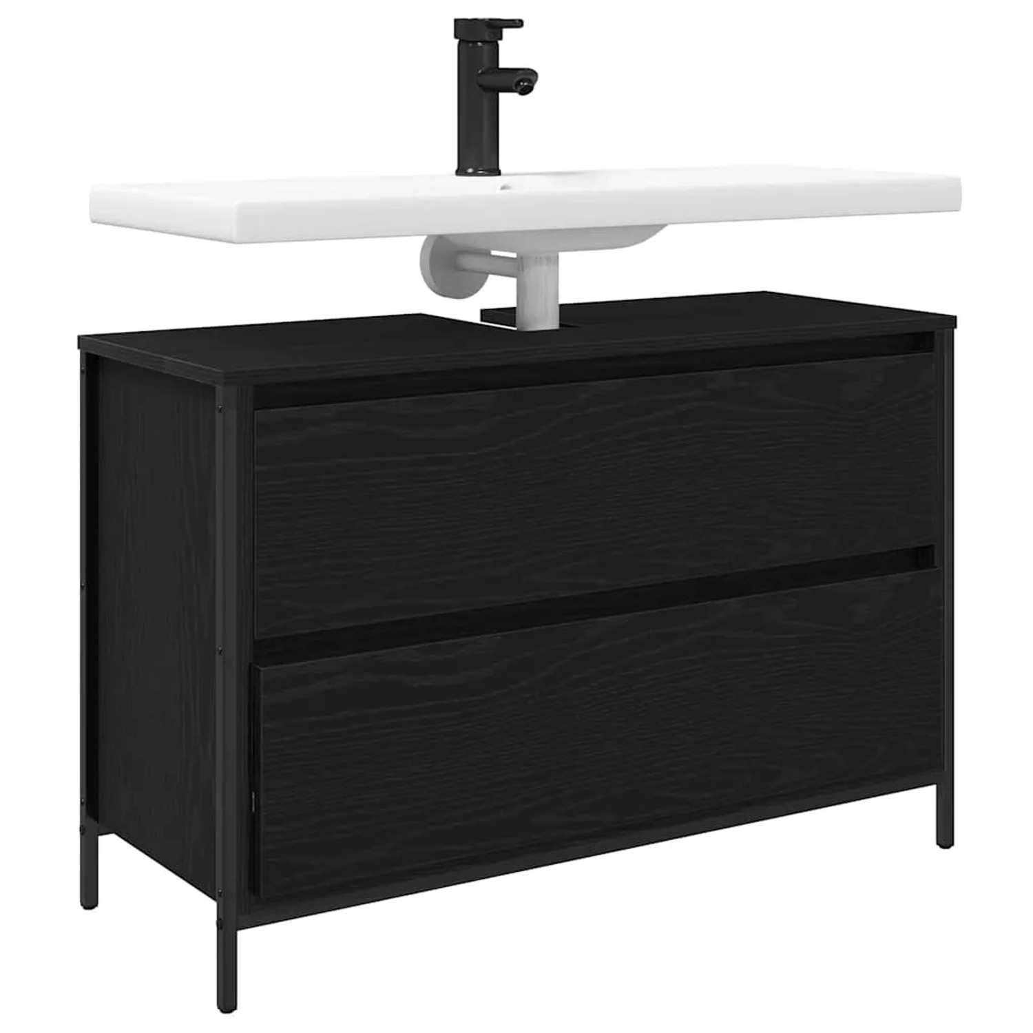 Schwarzer Waschbeckenunterschrank in Eichen-Optik mit zwei Schubladen und schlanken Beinen. Modernes Badmöbel für Stauraum.