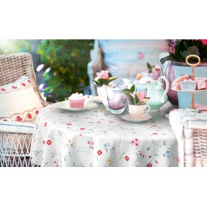 Runde, creme-farbene d-c-fix Tischdecke Bella mit Blumenmuster, Durchmesser 150 cm.