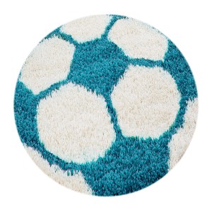 Türkiser Kinderteppich in Fußballform, Ø 120 cm. Flauschiger Teppich für das Kinderzimmer.