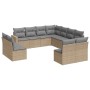 Beige 11-tlg. Garten-Sofagarnitur aus Polyrattan mit grauen Kissen.