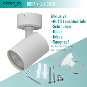 Weiße, schwenkbare Oktaplex Bora LED Deckenleuchte mit GU10 Leuchtmittel, dimmbar.
