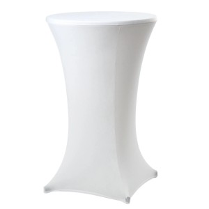 Weiße Stretch-Stehtischhusse für 80cm Tische. Glatter Jerseystoff, faltenfrei, mit Fußtaschen für sicheren Halt bei Events.