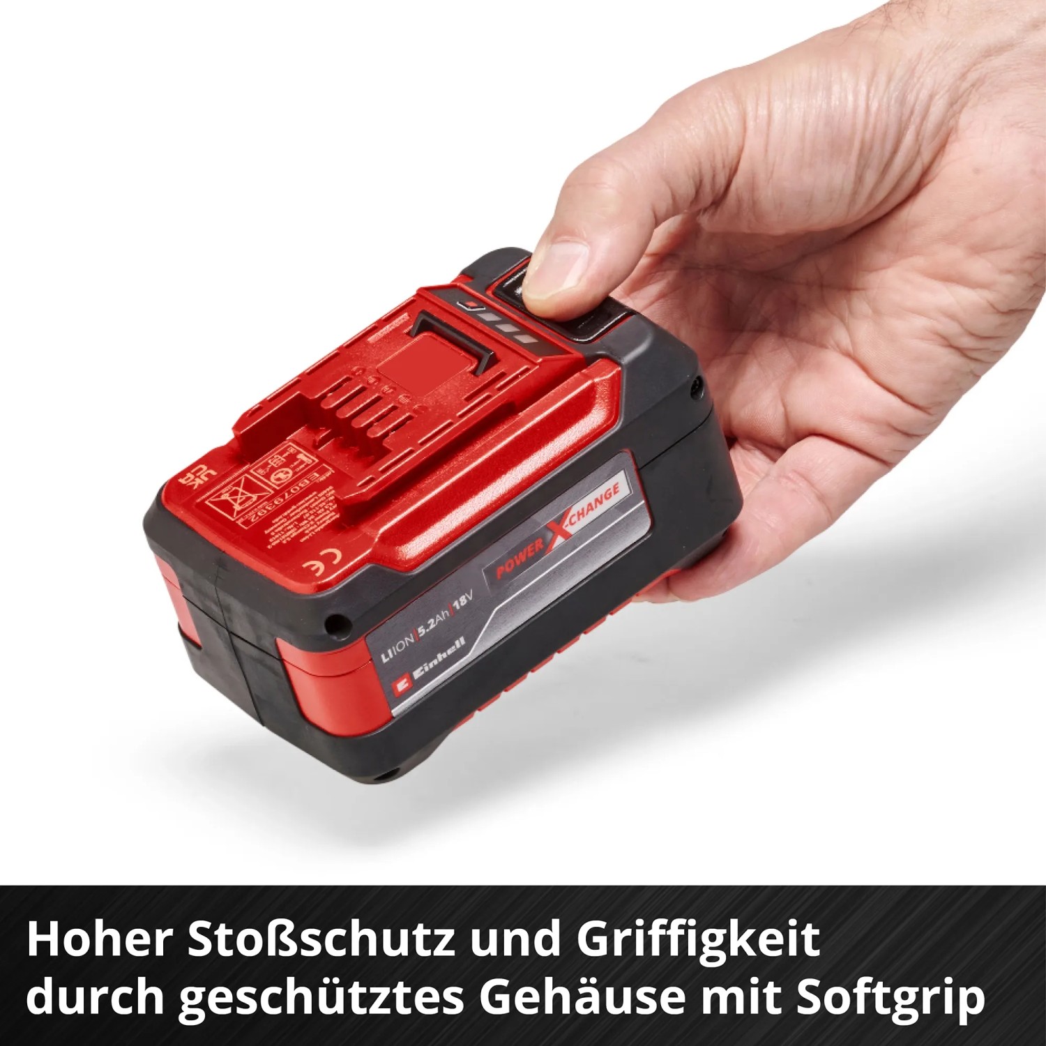 Einhell Akku 18V 5,2Ah PXC, 2er-Set. Roter Power X-Change Akku in Hand, für Elektrowerkzeuge.