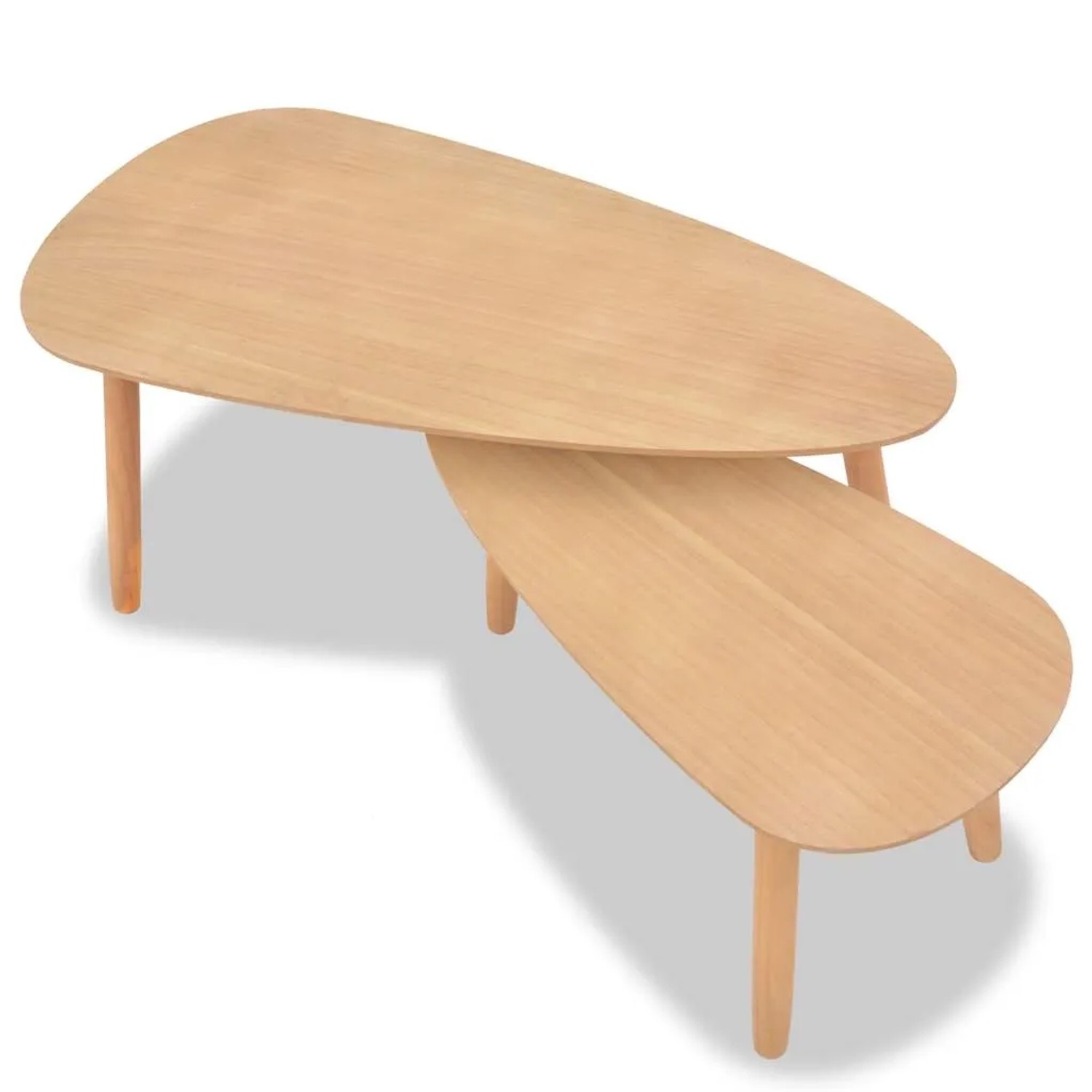Zwei hellbraune Couchtische aus Massivholz Kiefer, organisch geformt, ineinander geschoben. Skandinavisches Set für Wohnzimmer.