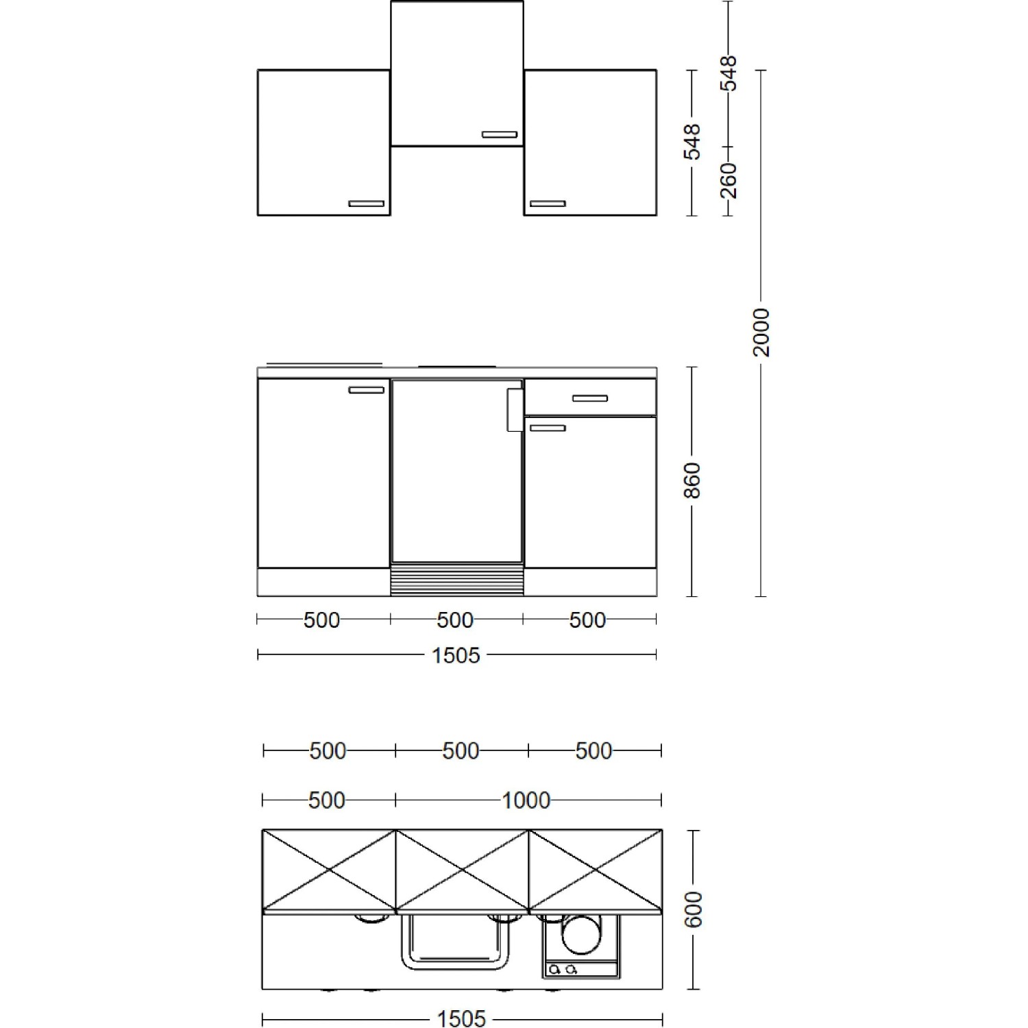 Skizze der Singleküche Flex-Well Exclusiv Eico 150 cm, Magnolienweiß/Tennessee Eiche, mit Maßen.