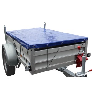TRUTZHOLM Anhänger mit blauer Flachplane und Gummiseil, Zubehör für Autoanhänger.