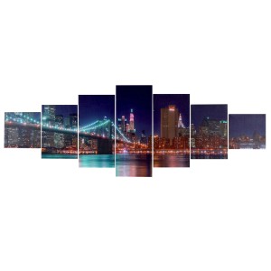 7-teiliges Leinwandbild „New York“: Skyline mit Brücke bei Nacht, moderne Wanddekoration für Wohnräume.