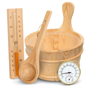 DELUKE Sauna Eimer mit Kelle 4-tlg. Saunakübel Sanduhr Thermometer Sauna Zubehör Wellness Aufguss Komplett Paket Saunaeimer Set