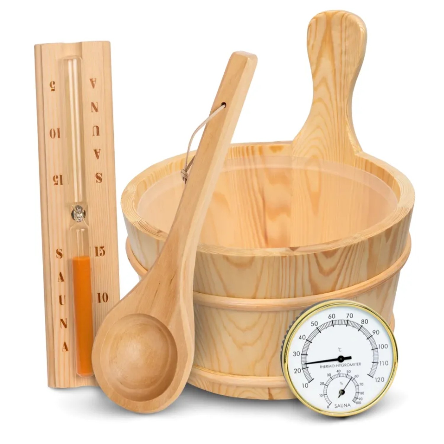 DELUKE Sauna Eimer mit Kelle 4-tlg. Saunakübel Sanduhr Thermometer Sauna Zubehör Wellness Aufguss Komplett Paket Saunaeimer Set