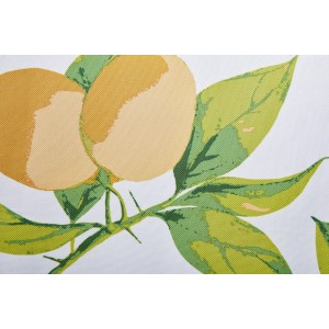 Detailansicht: Weißer Strandhocker mit Zitronen-Print auf dem Stoff.