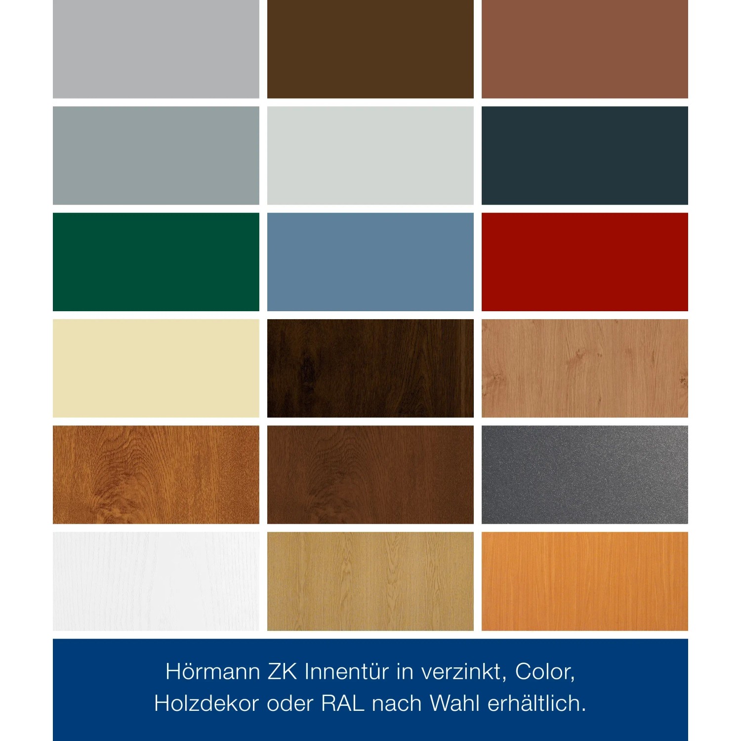 Farbauswahl für ZK Stahltür: Verschiedene Farben und Holzdekore für Innentüren.