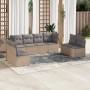 Beige 8-tlg. Garten-Sofagarnitur aus Polyrattan mit grauen Kissen. Modulare Gartenmöbel für Terrasse und Garten.