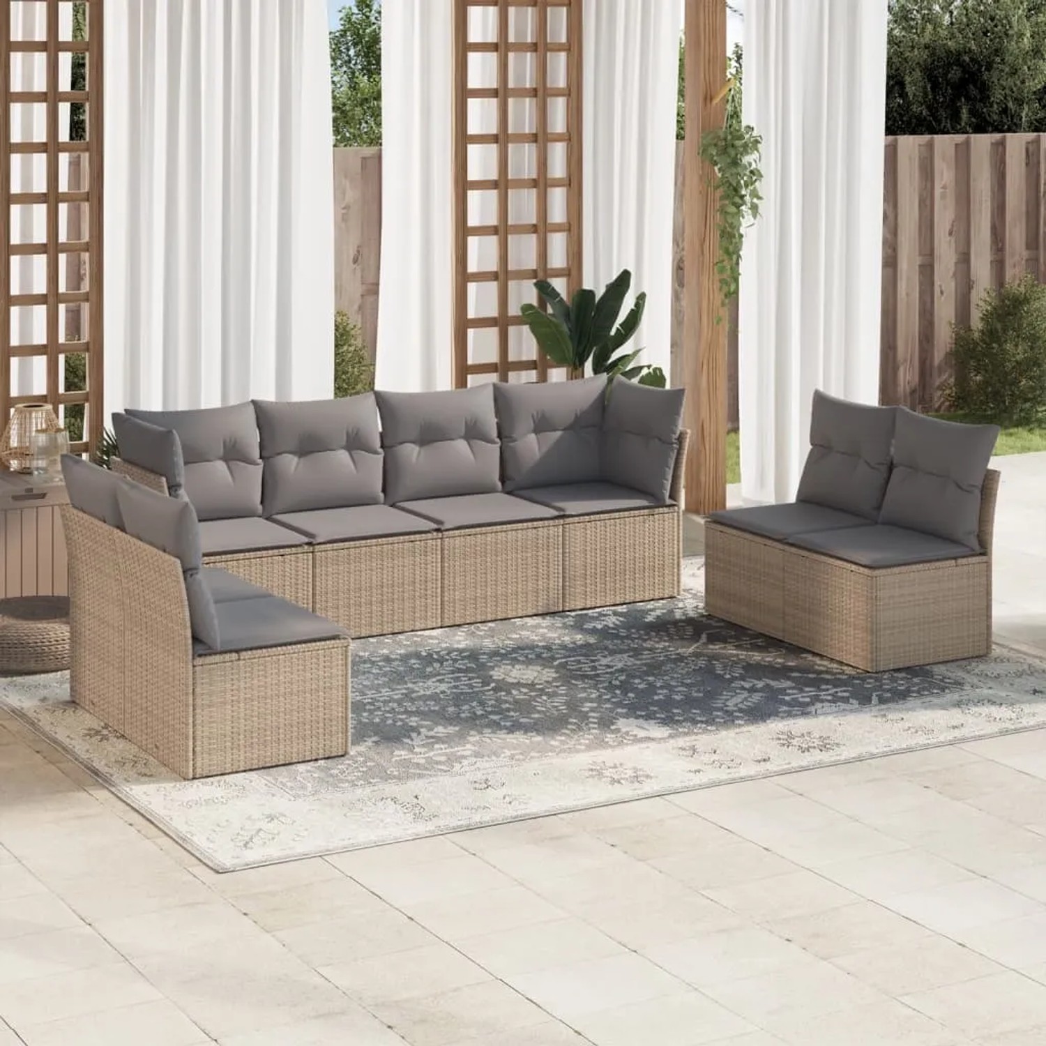 Beige 8-tlg. Garten-Sofagarnitur aus Polyrattan mit grauen Kissen. Modulare Gartenmöbel für Terrasse und Garten.