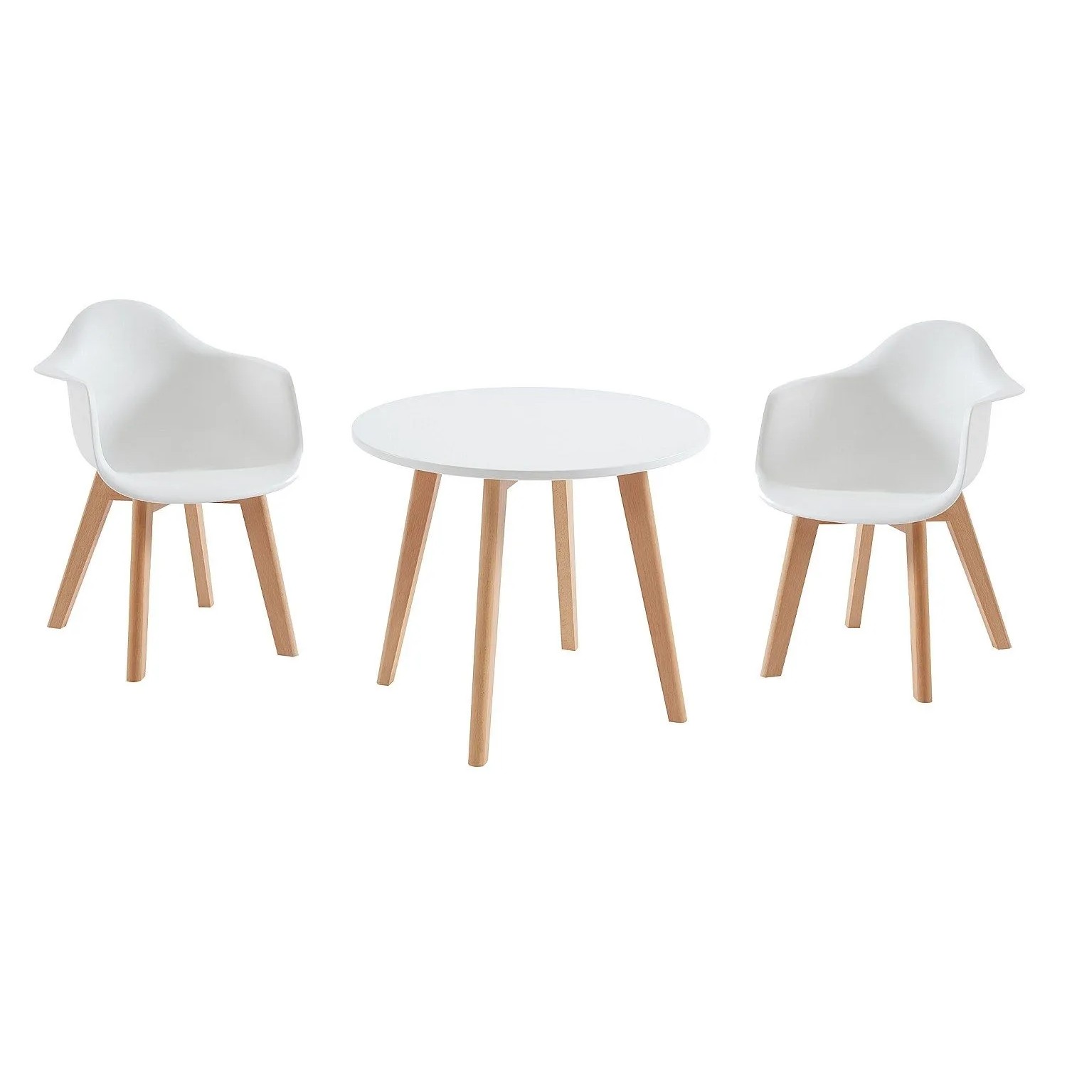Essgruppe Louloune: Weißer Kindertisch, 60 cm, mit zwei Stühlen im skandinavischen Design, helle Holzbeine.